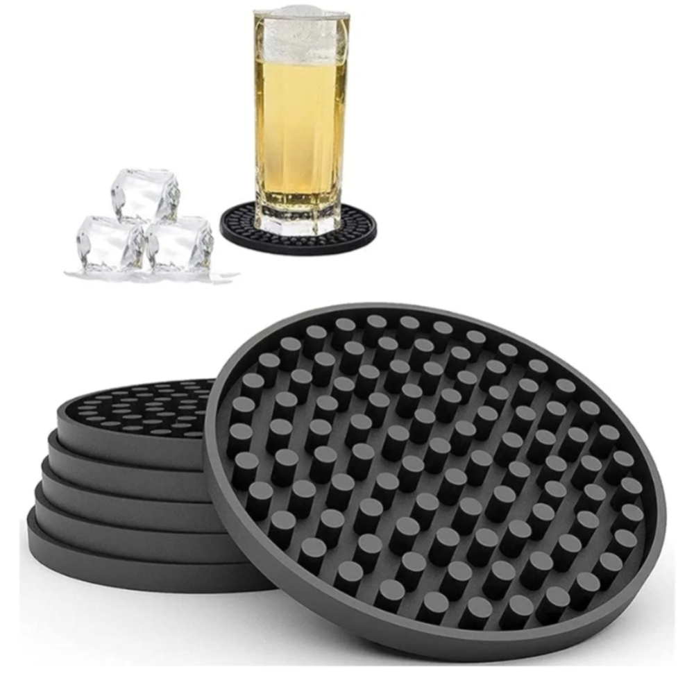 New Set Of 6 Black Grooved Silicone Drink Coasters Set